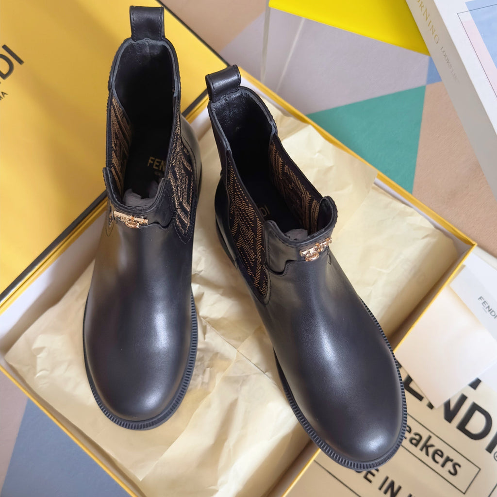 Fendi 2025 FF Monogram Chelsea Boot Black Brown Leather Fabric 553105