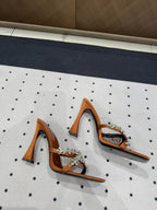 HIGH RHINESTONE CROSS STRAP MULES IN BRONZE BROWN SILK