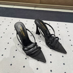 HIGH CRYSTAL STRAP SANDALS IN BLACK SILK