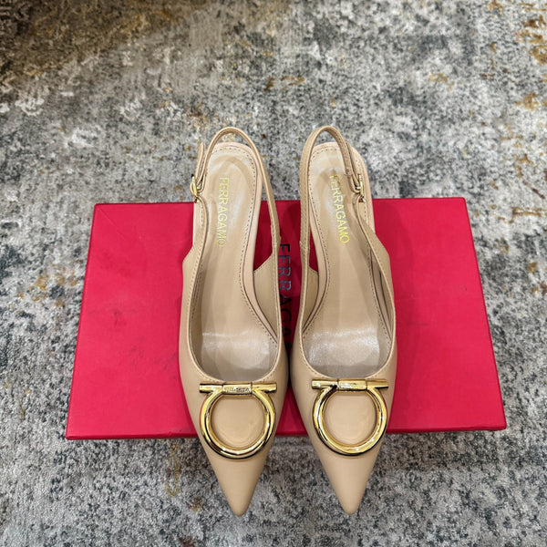 Ferragamo Maxi Gancini Slingback 7.5cm Beige Cowhide