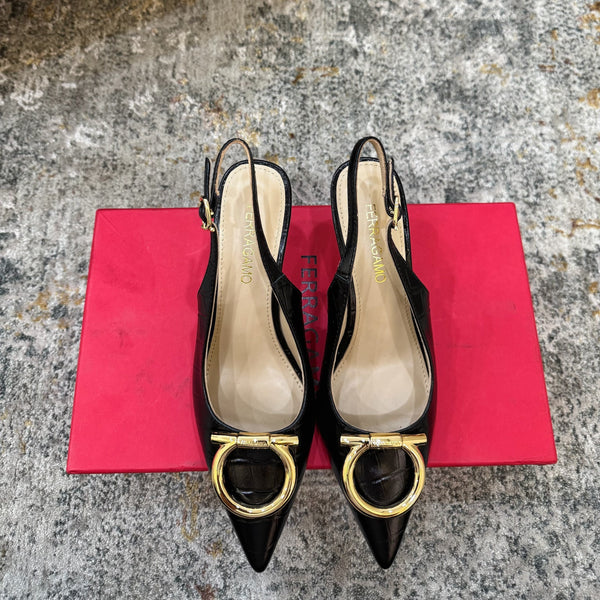 Ferragamo Maxi Gancini Slingback 7.5cm Black Embossed Sheepskin