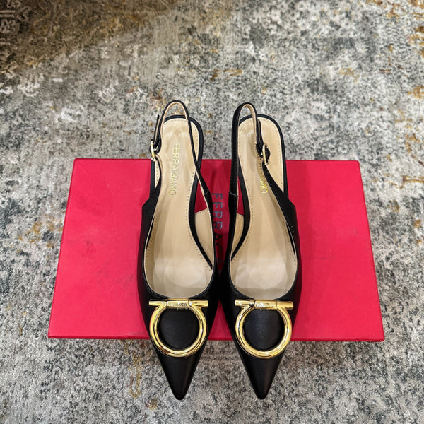Ferragamo Maxi Gancini Slingback 7.5cm Black Cowhide 694840