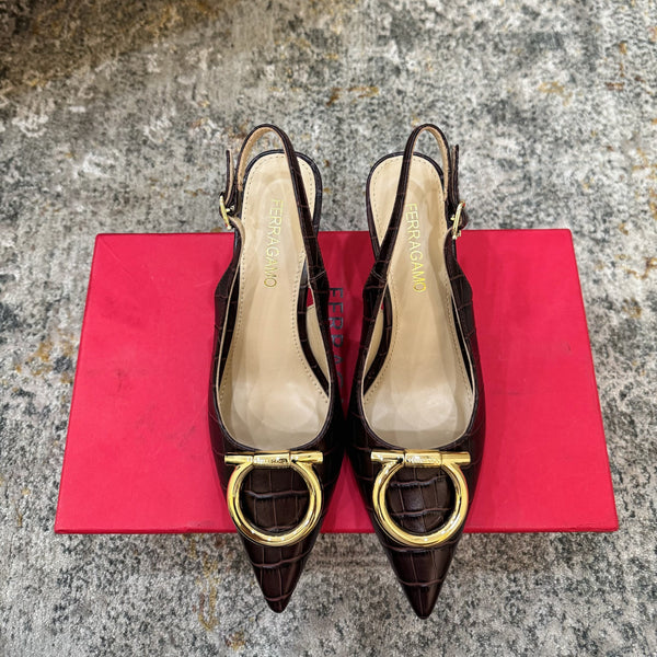 Ferragamo Maxi Gancini Slingback 7.5cm Black Embossed Cowhide 694841