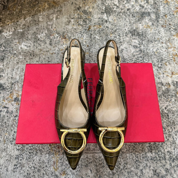 Ferragamo Maxi Gancini Slingback 7.5cm Olive Embossed Cowhide