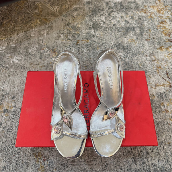 Ferragamo Crystal Embellishments Sandals 9cm Sliver Patent Leather 694843