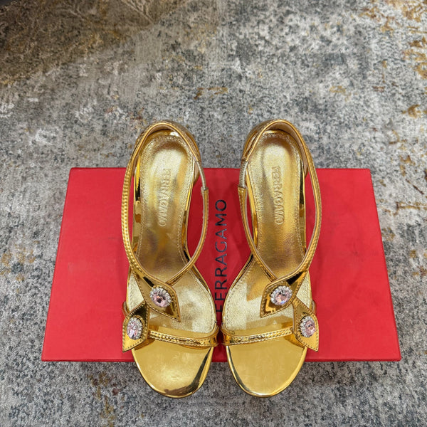 Ferragamo Crystal Embellishments Sandals 9cm Gold Patent Leather 694844