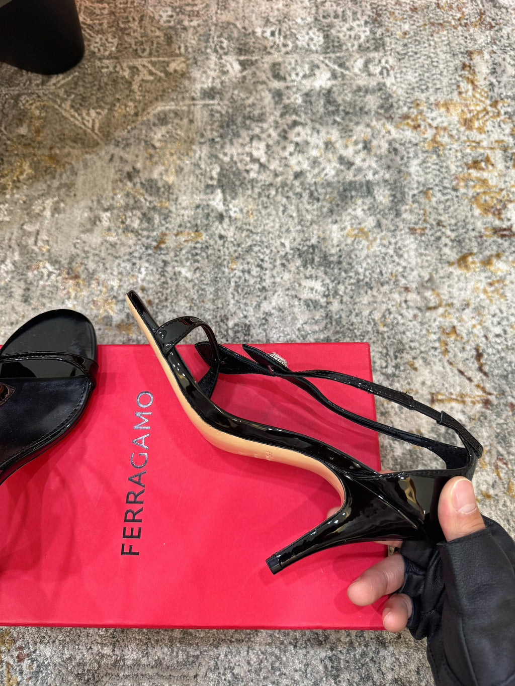 Ferragamo Crystal Embellishments Sandals 9cm Black Patent Leather 694845