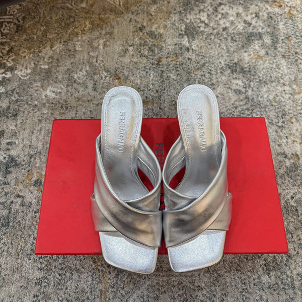 Ferragamo Gancini-Heel Padded Sandals 9cm Sliver Cowhide 694846