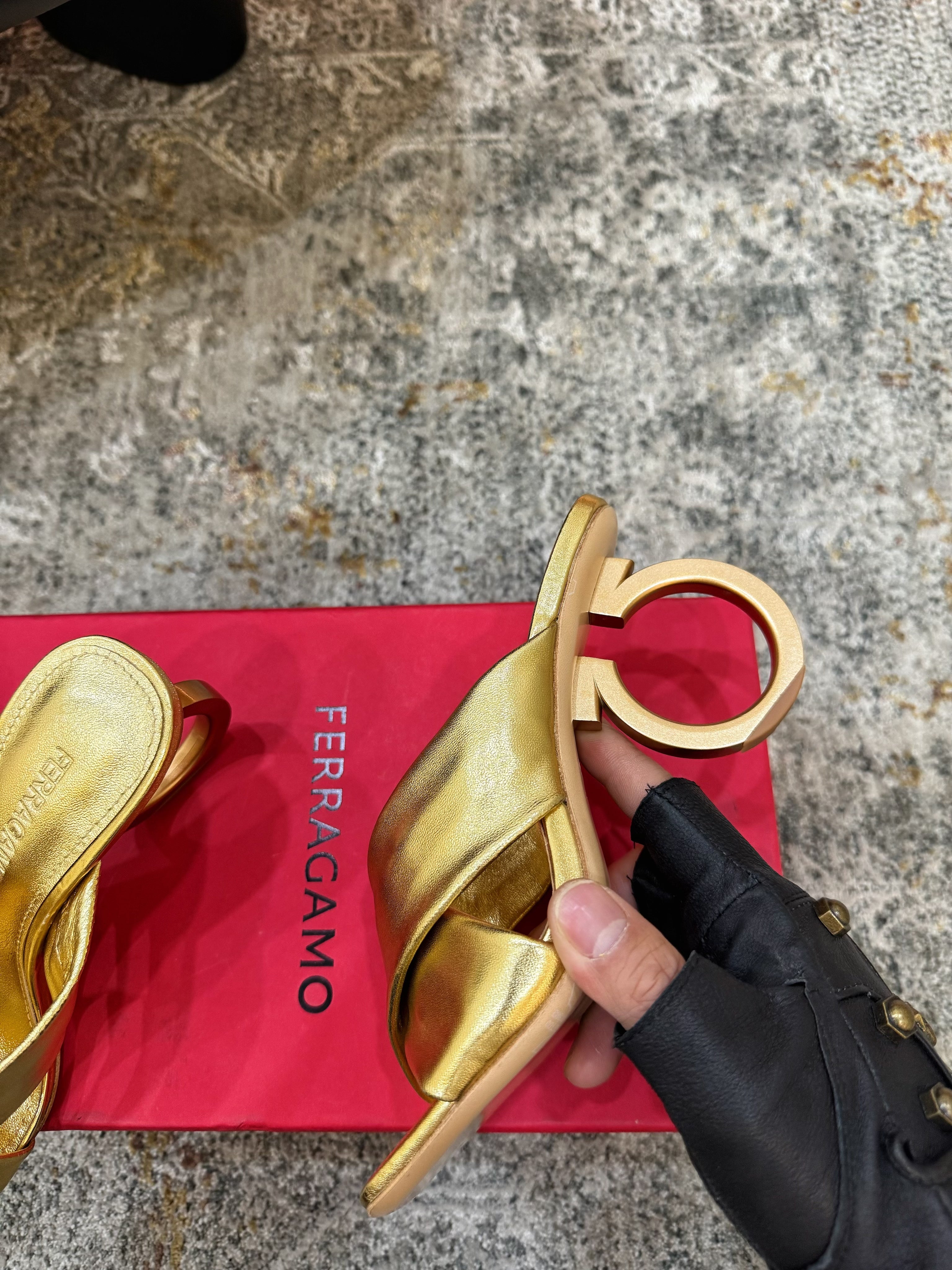 Ferragamo Gancini-Heel Padded Sandals 9cm Gold Cowhide 694848