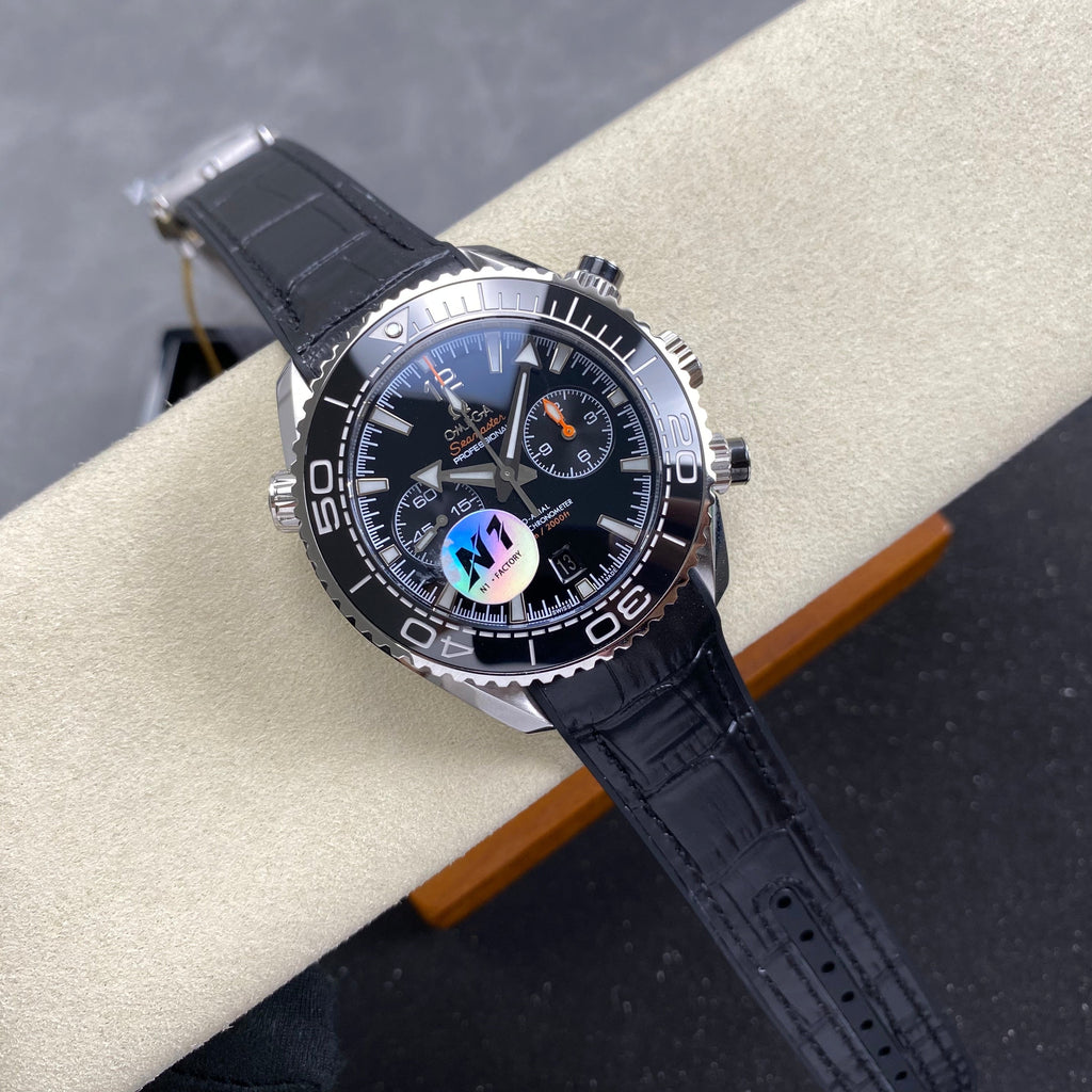 Omega Seamaster 46mm Black Dial Sliver Case Black Crocodile Leather