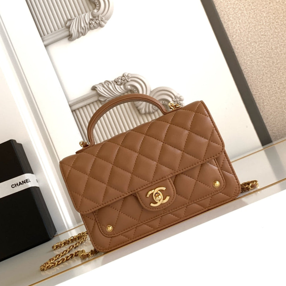 CC Handle Bag 19cm Double C Camel Lambskin Gold Hardware