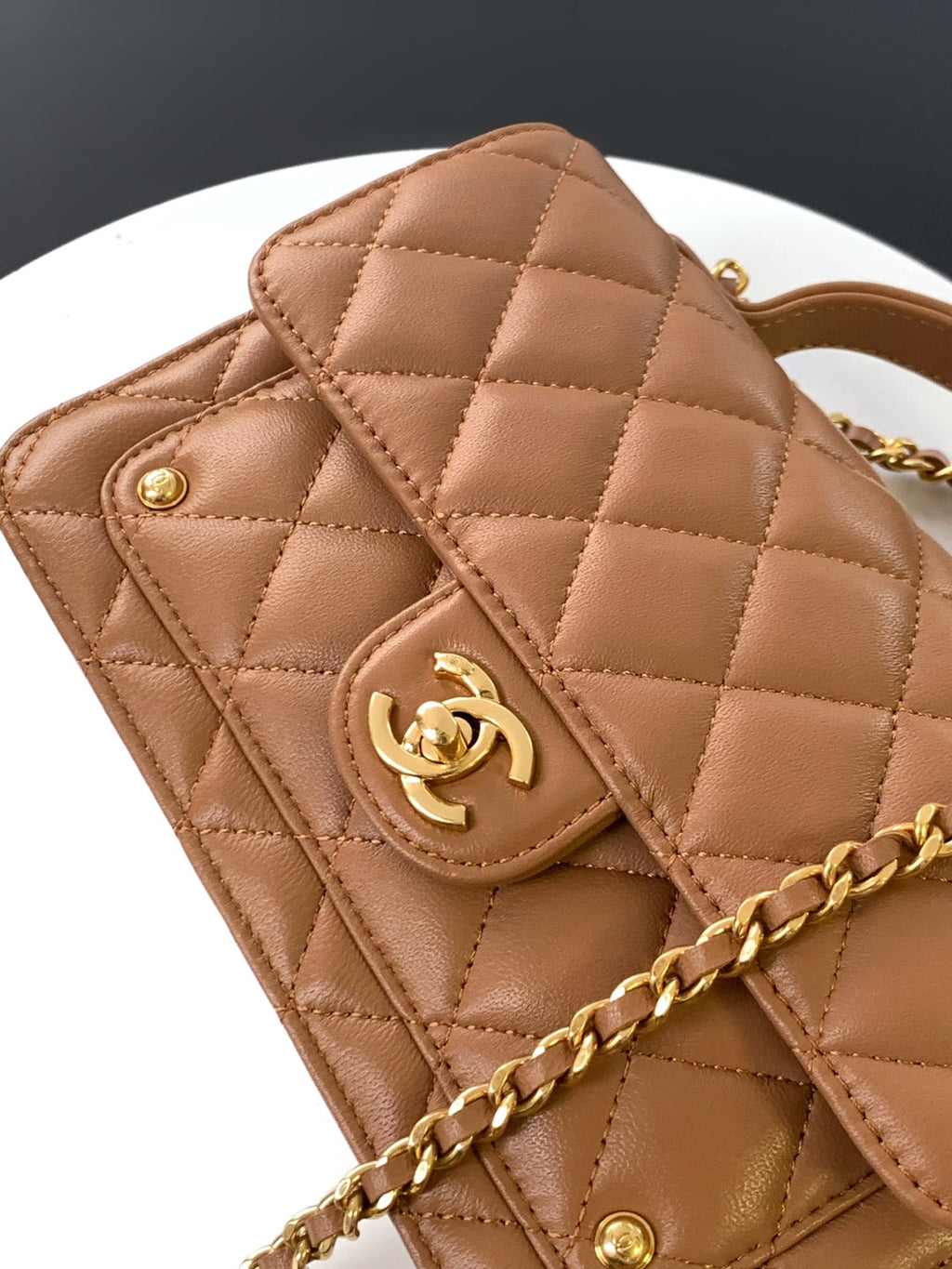 CC Handle Bag 19cm Double C Camel Lambskin Gold Hardware