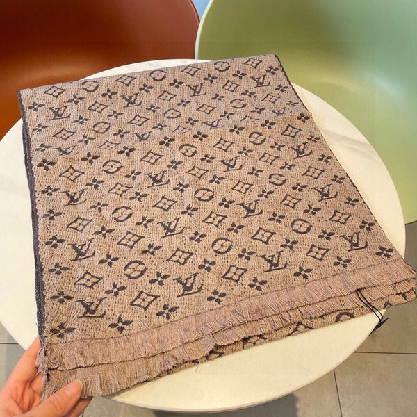 LV Scarf 180cm Beige Black Cashmere 973414