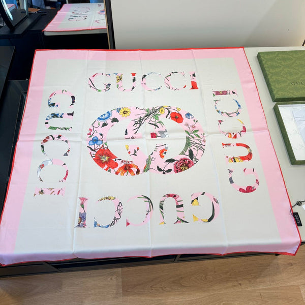 GG Signature Floral Scarf 90CM  White Pink  Twill Silk 280696
