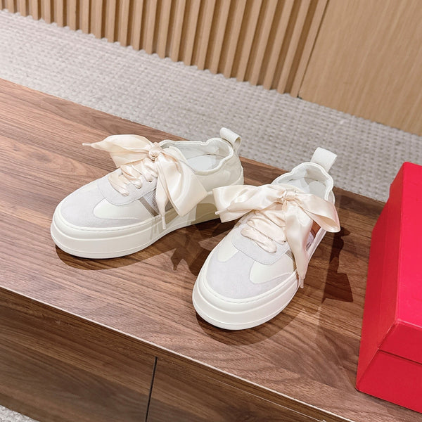 Ferragamo Bow Platform Sneaker Grey Ivory Satin Sheepskin