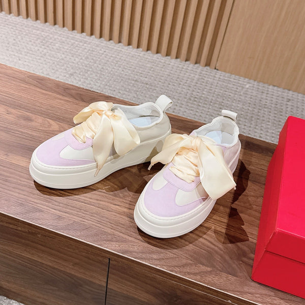 Ferragamo Bow Platform Sneaker Pink Ivory Satin Sheepskin