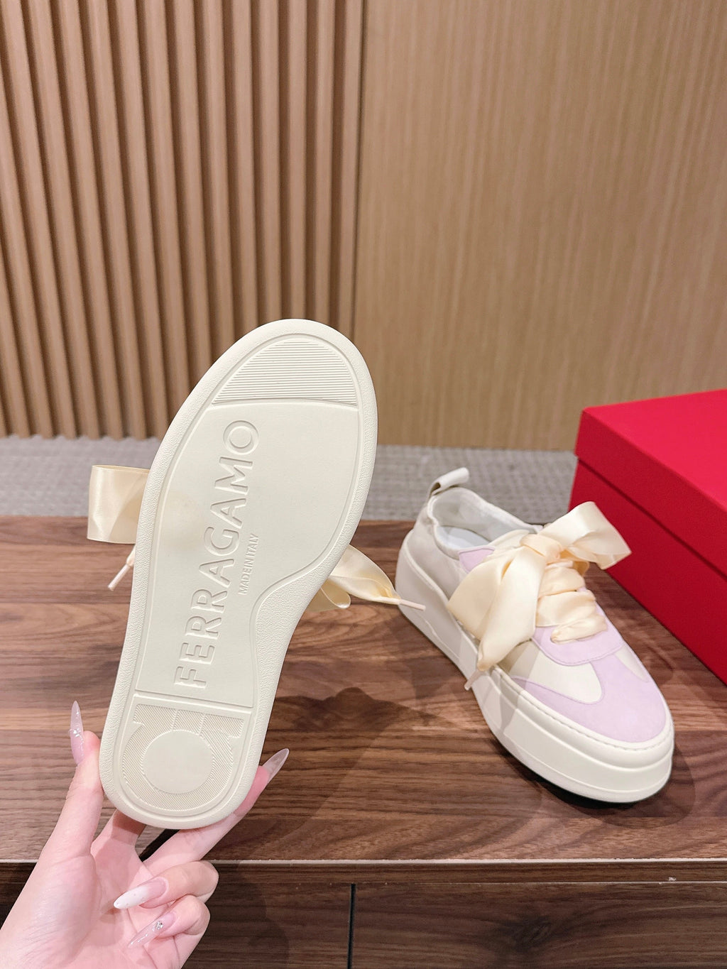 Ferragamo Bow Platform Sneaker Pink Ivory Satin Sheepskin