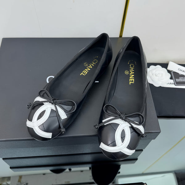 CC 25 Cambon Ballet Flat Black White Quilted Calfskin