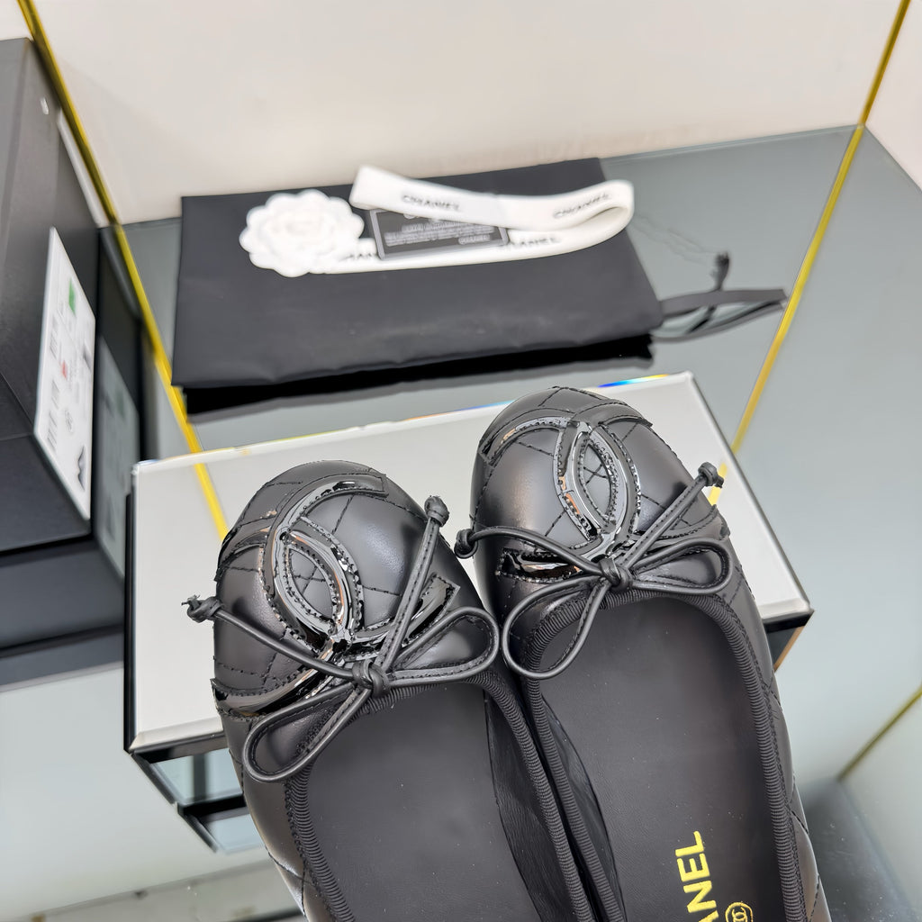 CC Loafers Black Sheepskin Mix Bow 297795
