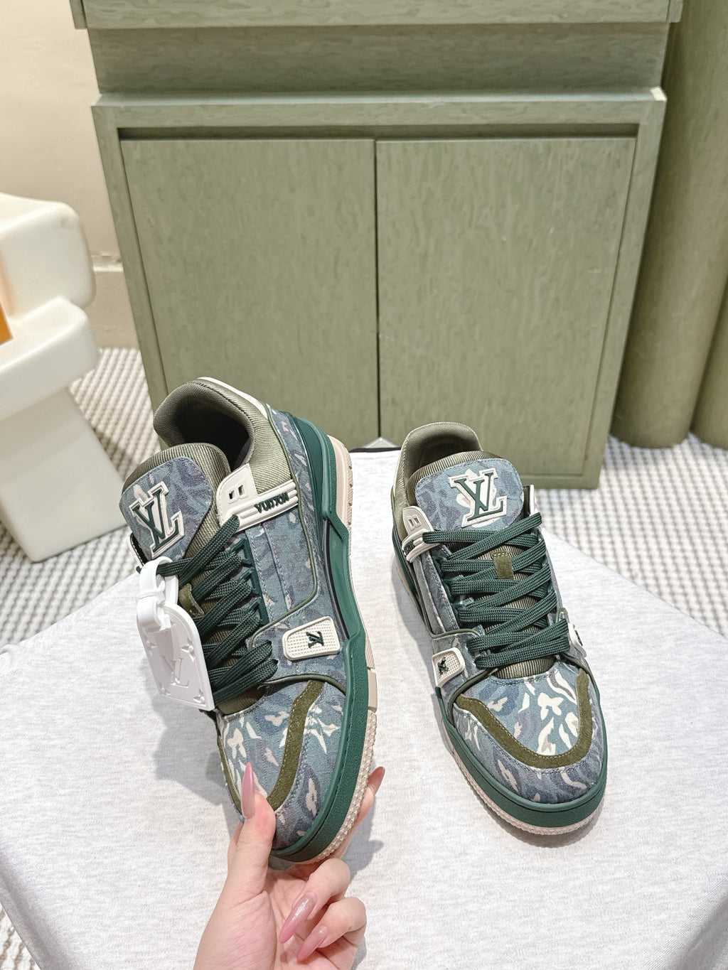 LV Trainer Sneakers Dark Oliver Monogram Denim 515188.