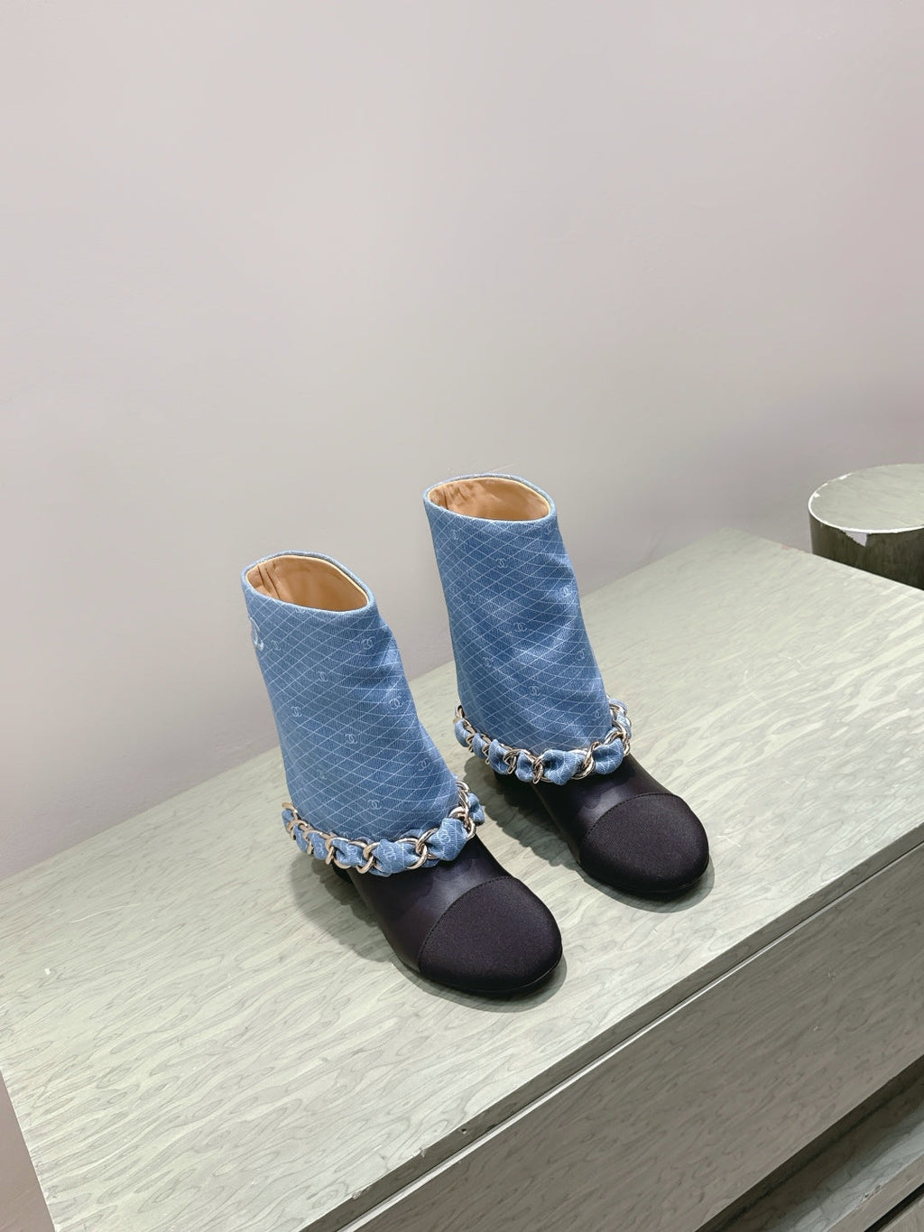 CC 25 Short Boot Blue Black Denim Fabric Calfskin 515265