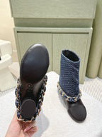 CC 25 Short Boot Navy Blue Black Denim Fabric Calfskin 515266
