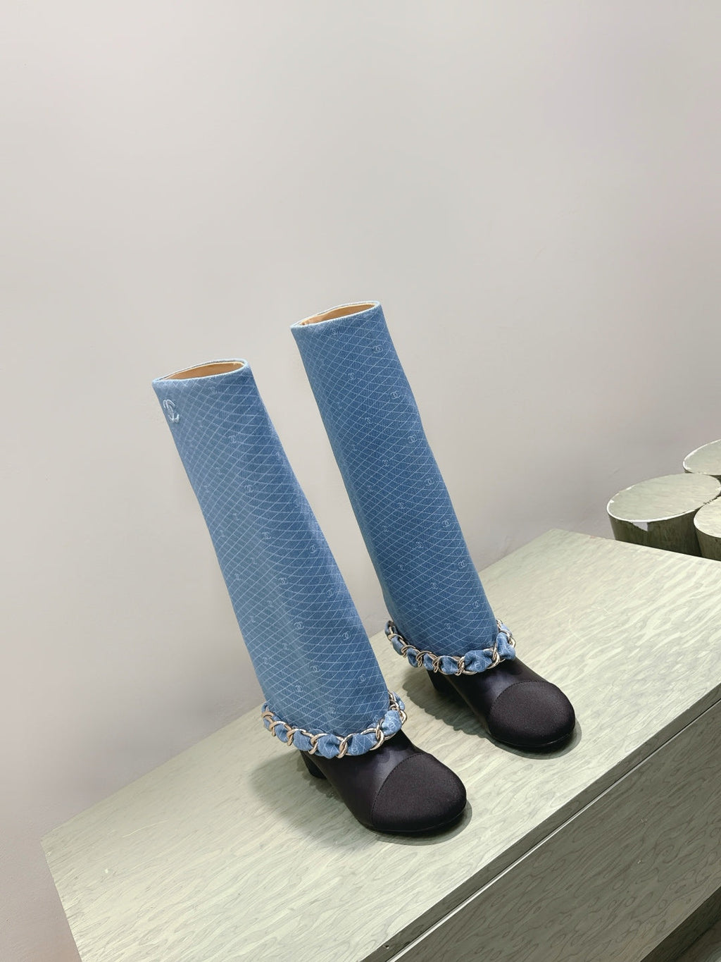 CC 25 Long Boot Blue Black Denim Fabric Calfskin 515271