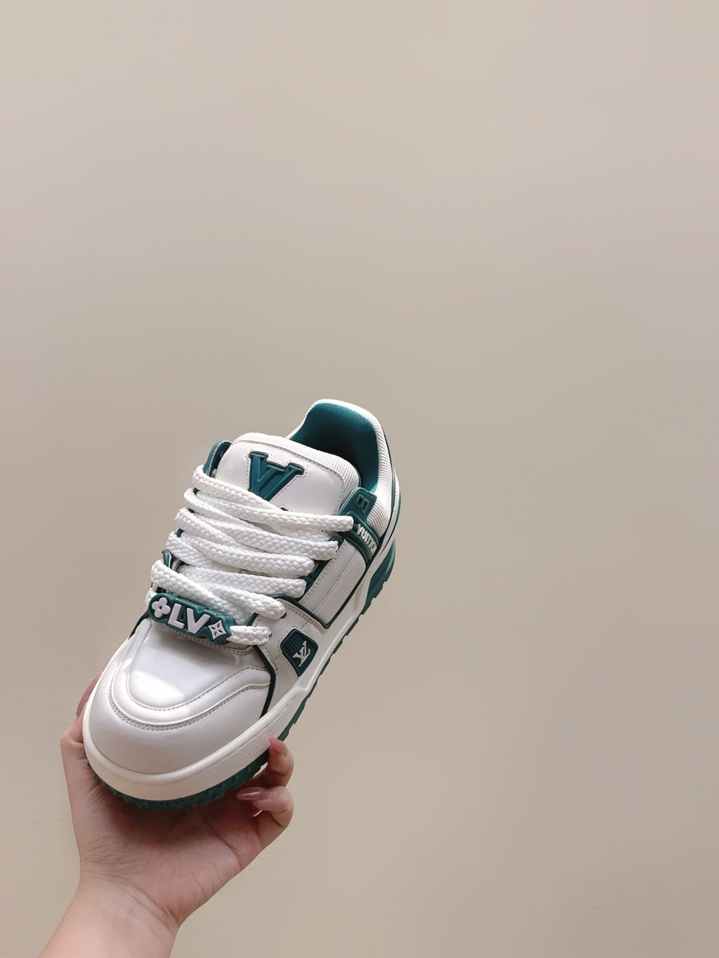LV Trainer Maxi Sneakers White and Teal Calfskin Mesh 515199
