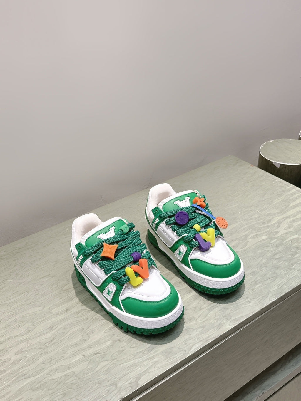 LV Trainer Maxi Sneakers Dark Green Mix White Calfskin Mesh 515194