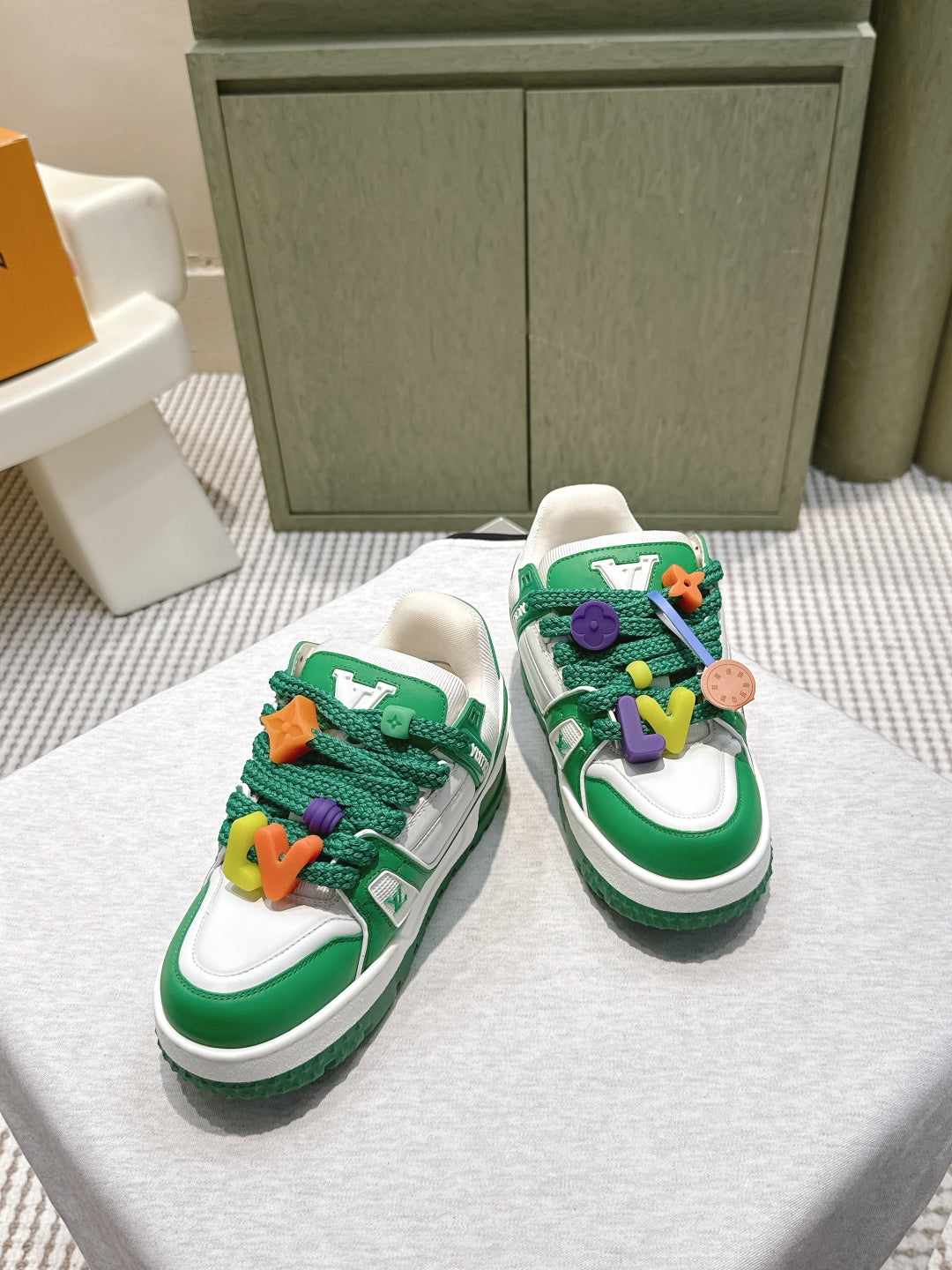 LV Trainer Maxi Sneakers Dark Green Mix White Calfskin Mesh 515194