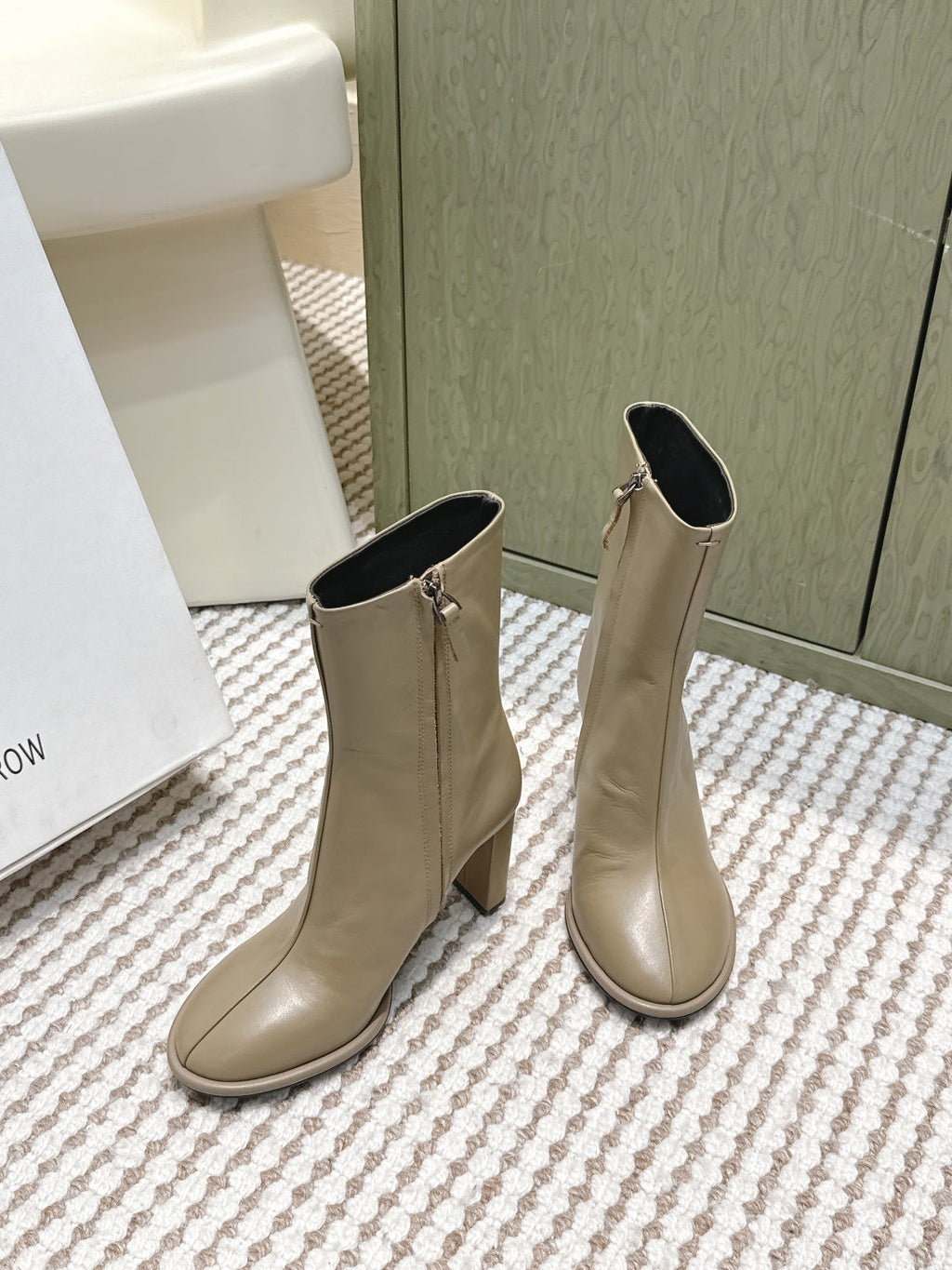 The Row 2025 Chunky Heel Round Toe Ankle Boot Taupe Leather 572088