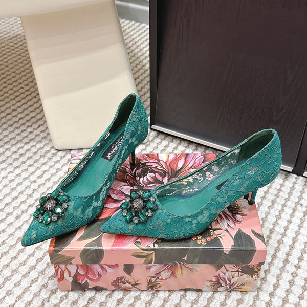 DG Pumps Crystals 6.5cm Teal Green Taormina Lace 663078