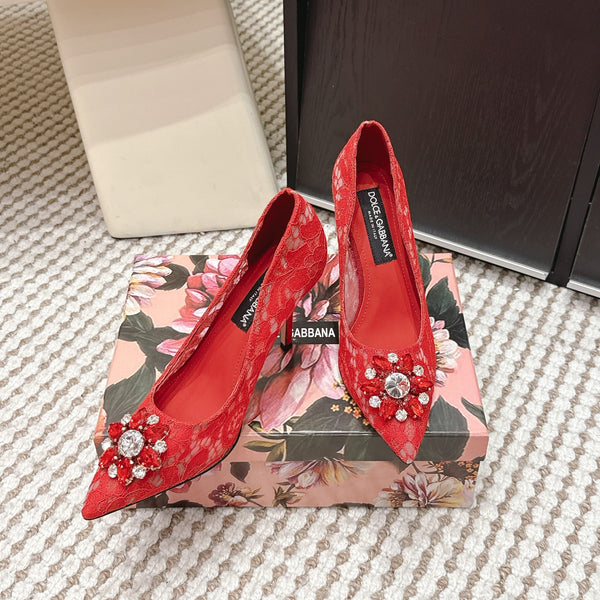 DG Pumps Crystals 9cm Red Taormina Lace 663084