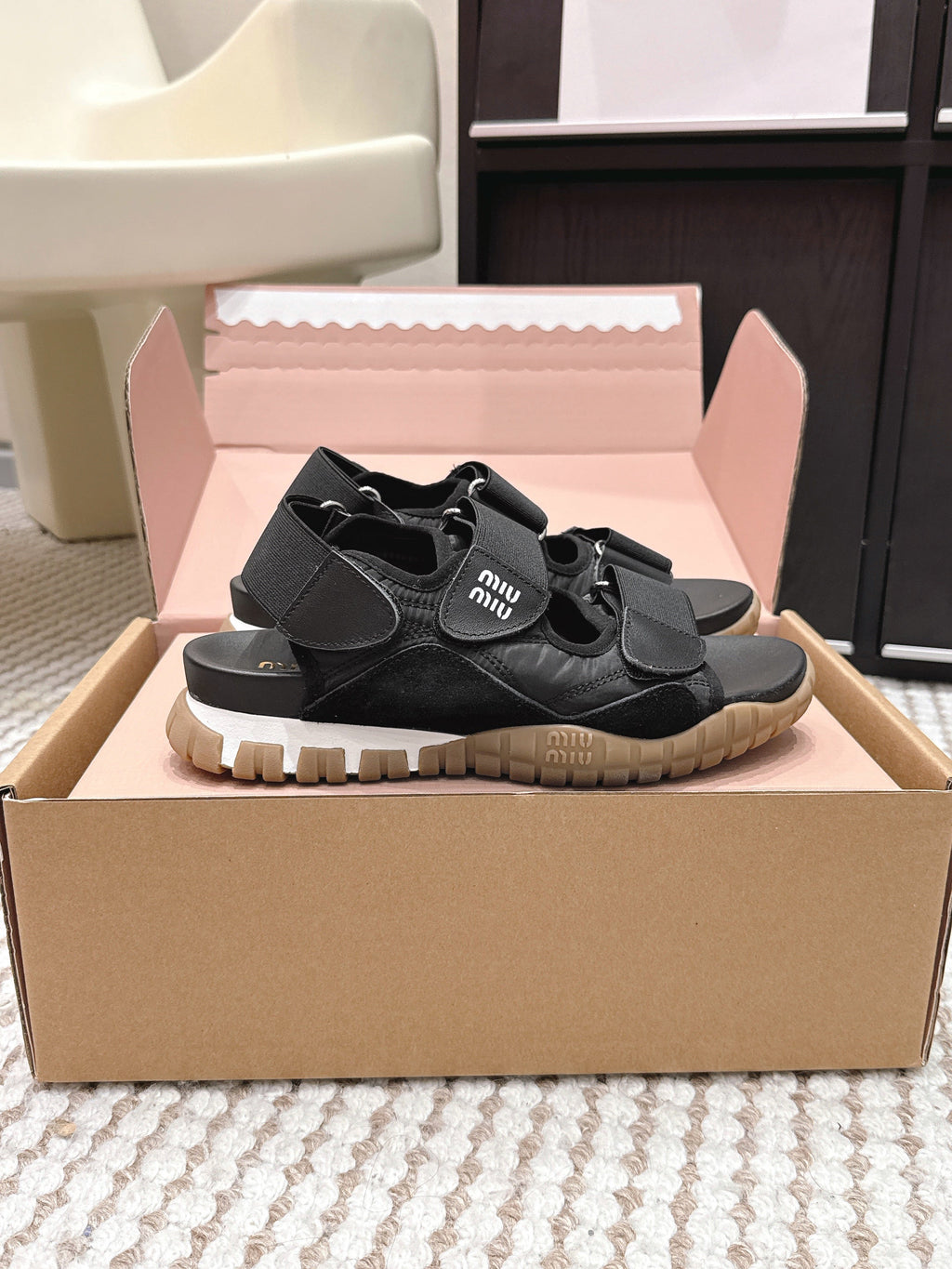 Miu 26s Velcro Sandals Black Nylon Suede 632329