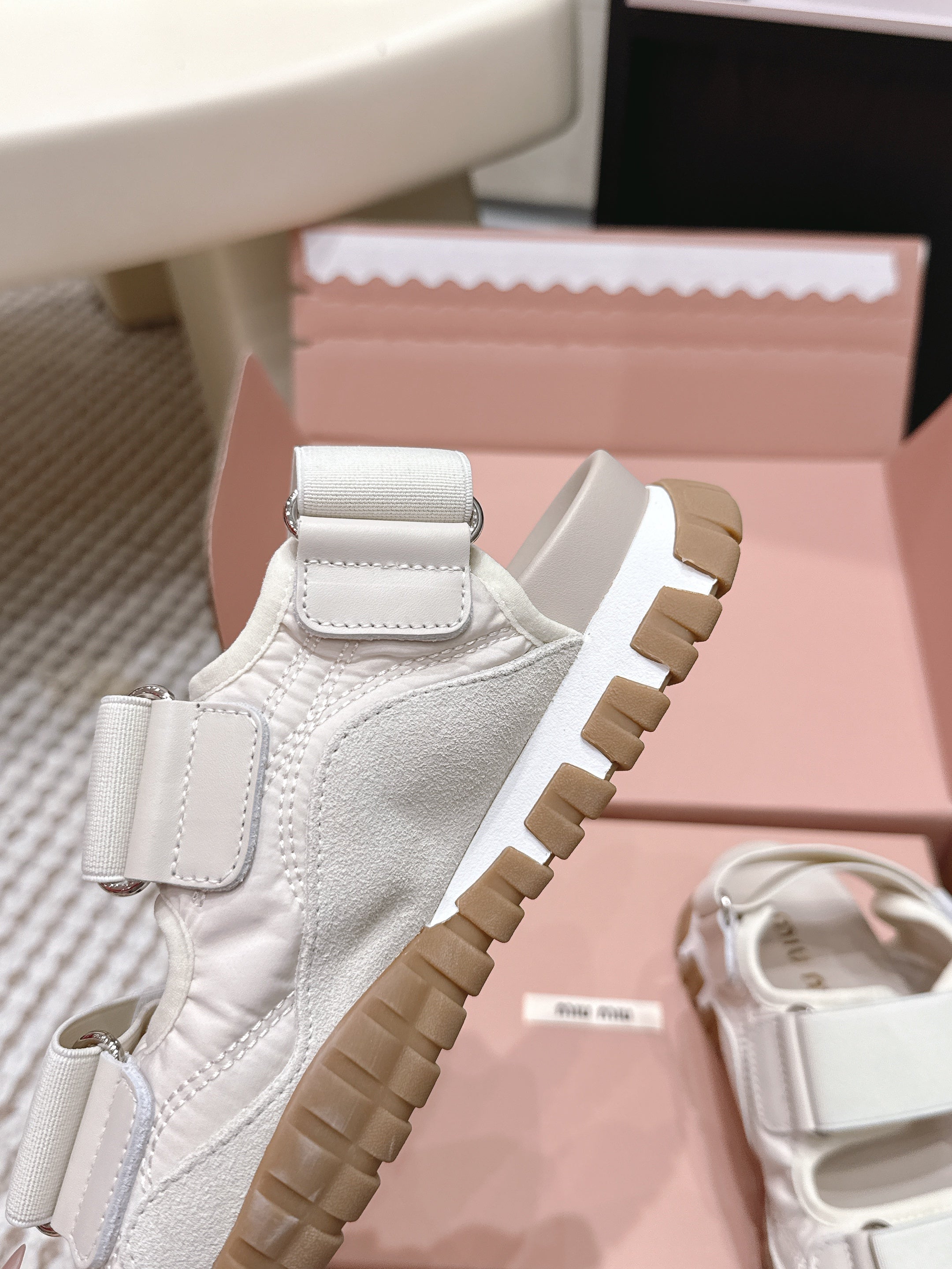 Miu 26s Velcro Sandals Ivory Nylon Suede 632330