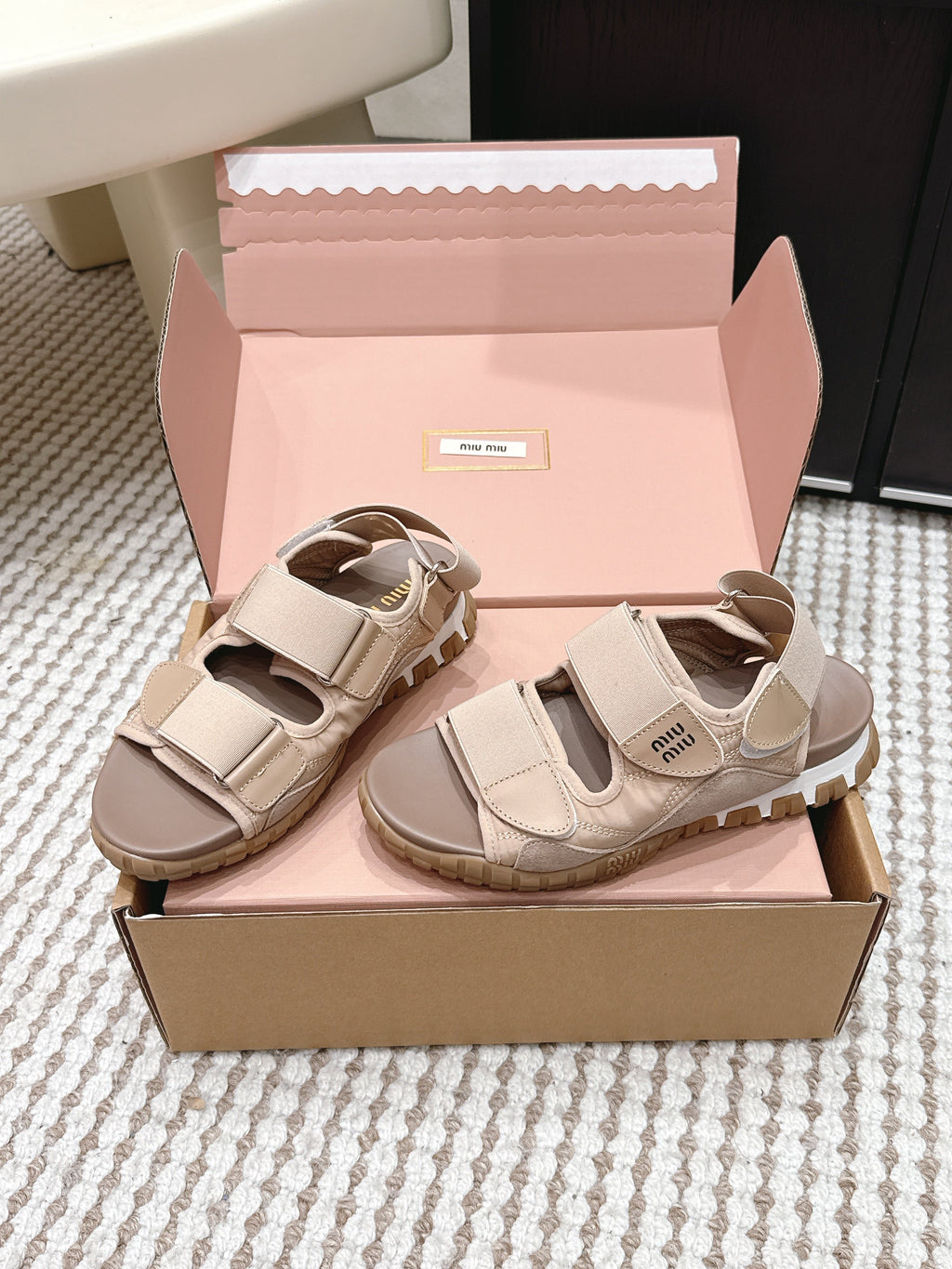 Miu 26s Velcro Sandals Light Brown Nylon Suede 632331