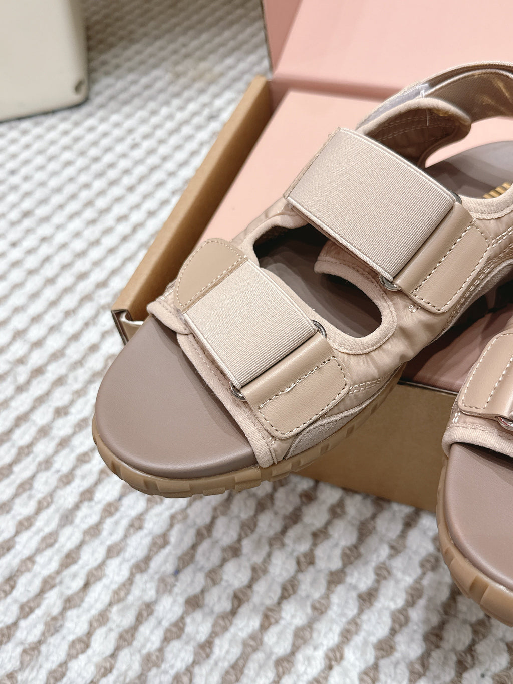 Miu 26s Velcro Sandals Light Brown Nylon Suede 632331