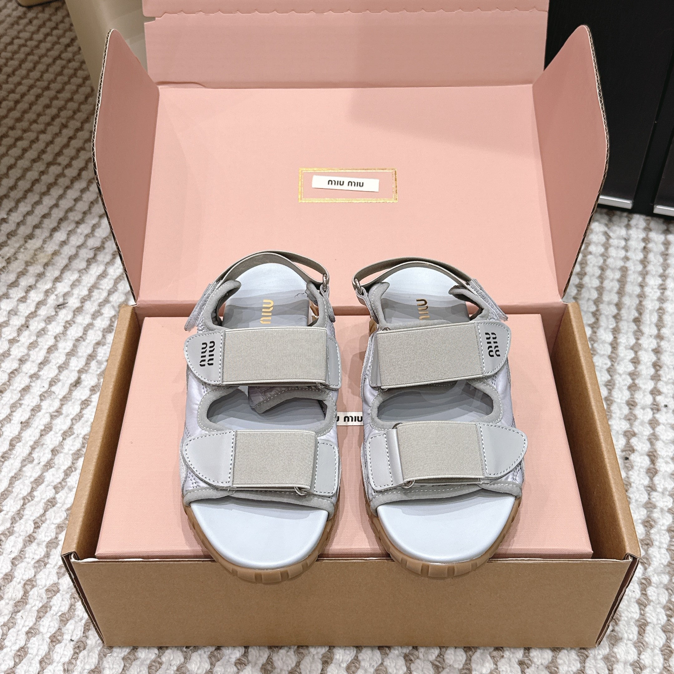 Miu 26s Velcro Sandals Grey Nylon Suede 632332