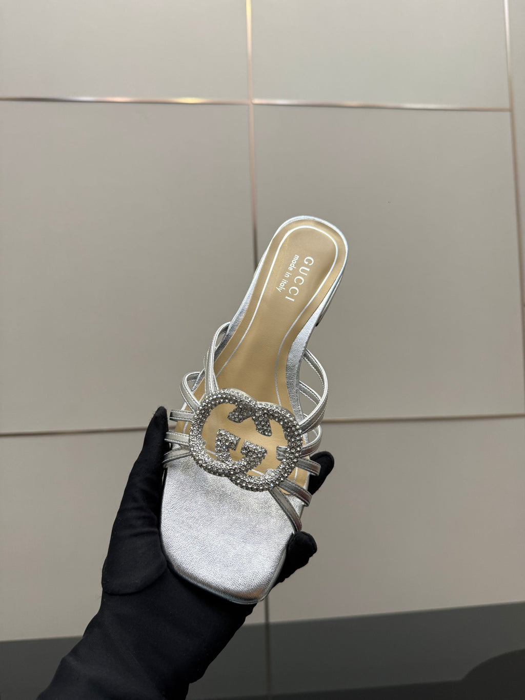 Women's Slide 25mm With Crystal Interlocking G Sliver Metalic Leather