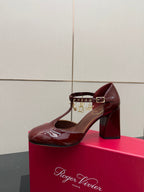 RV 26WF New T-Strap Rhinestone Strap Sandals 7cm Burgundy Patent Leather 629889