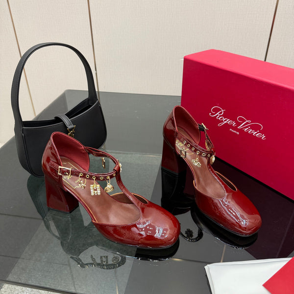 RV 26WF New T-Strap Rhinestone Strap Sandals 7cm Burgundy Patent Leather 629889