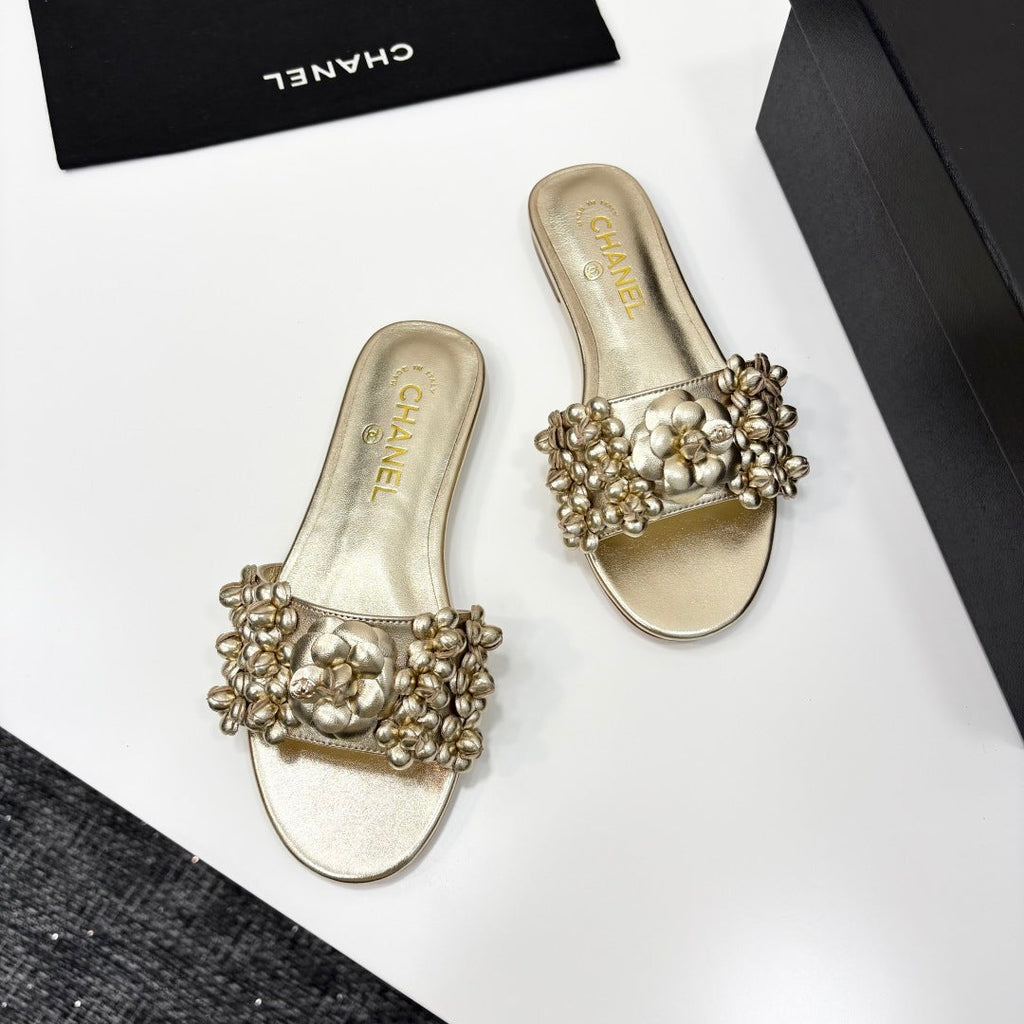 CC 25C Mules Flower Gold Metalic Calfskin
