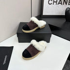 CC furry mule dark brown black suede and wool 532572