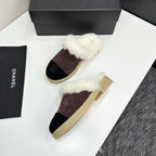 CC furry mule dark brown black suede and wool 532572