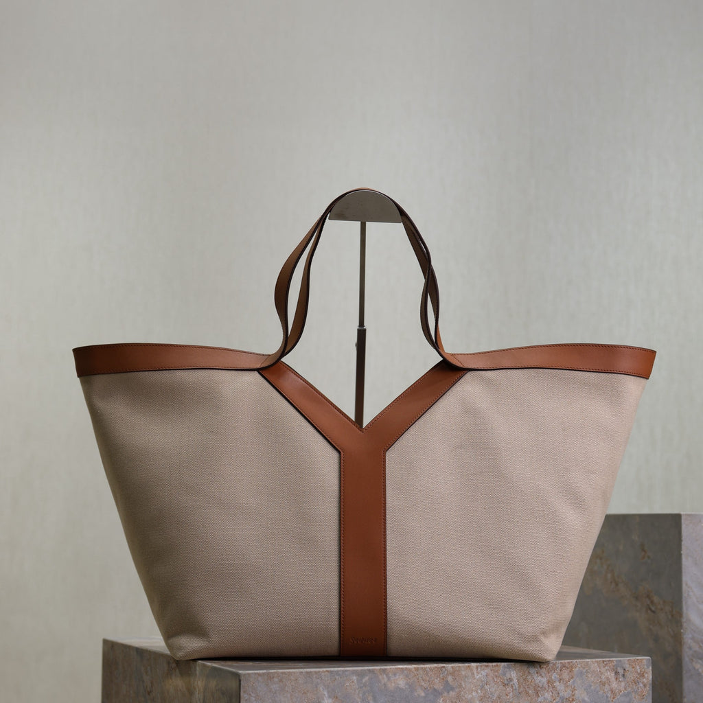Y Tote Bag Beige Brown Canvas Leather