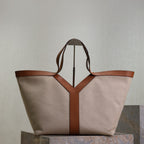 Y Tote Bag Beige Brown Canvas Leather