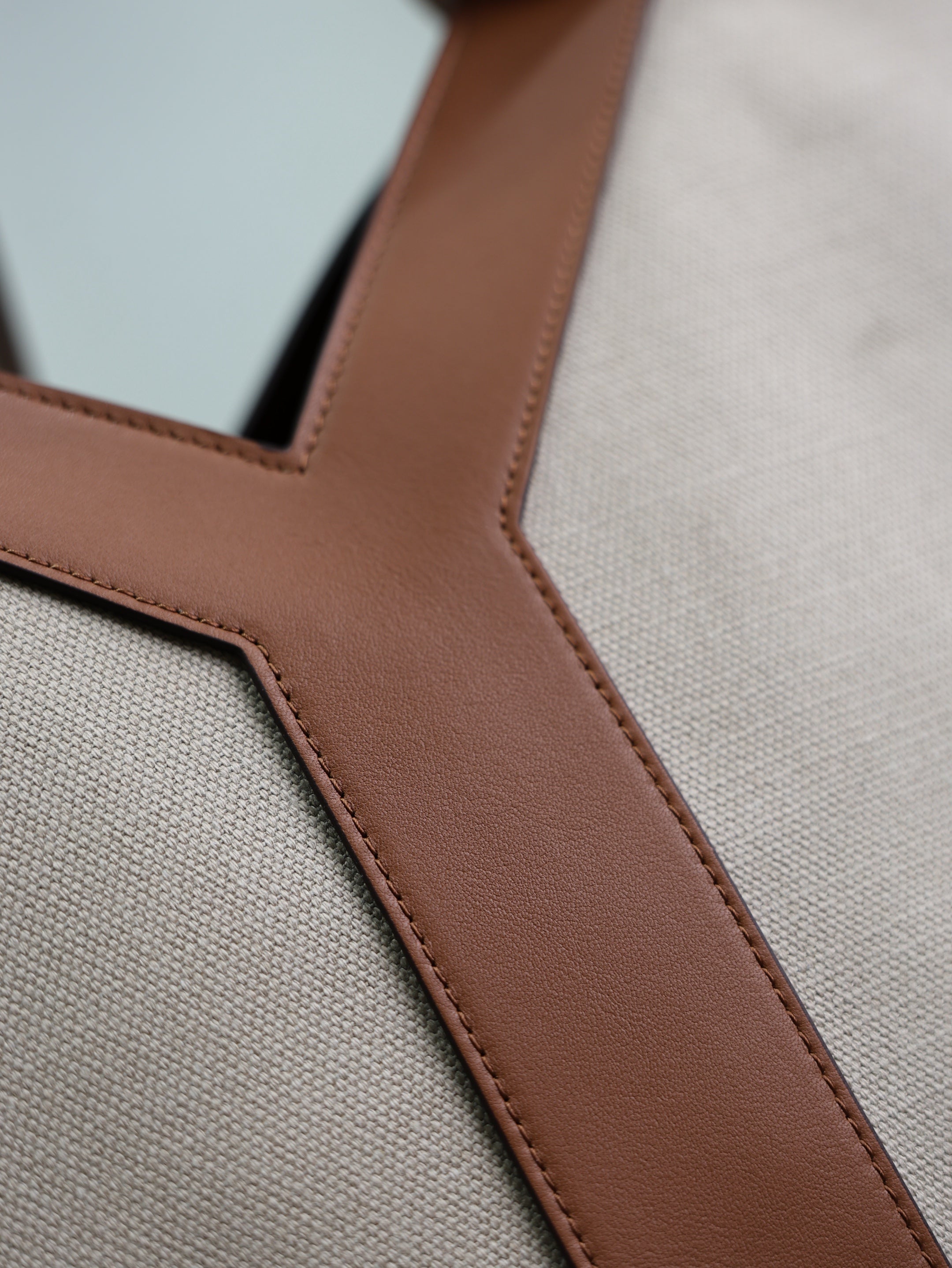 Y Tote Bag Beige Brown Canvas Leather