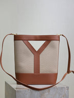 Y Small Bucket 23cm Caramel Beige Canvas Leather