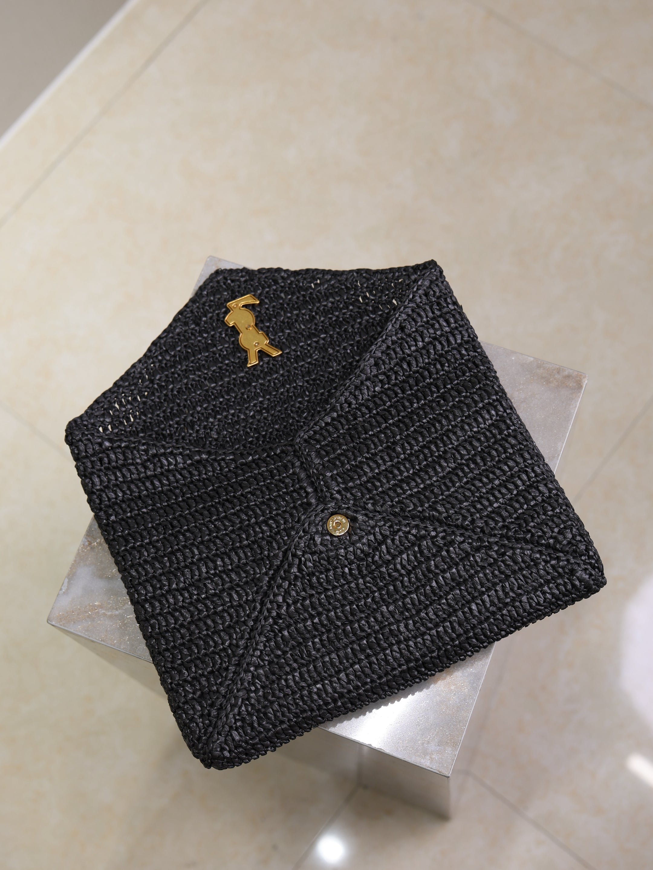 Envelope Clutch 29cm Black Raffia Leather