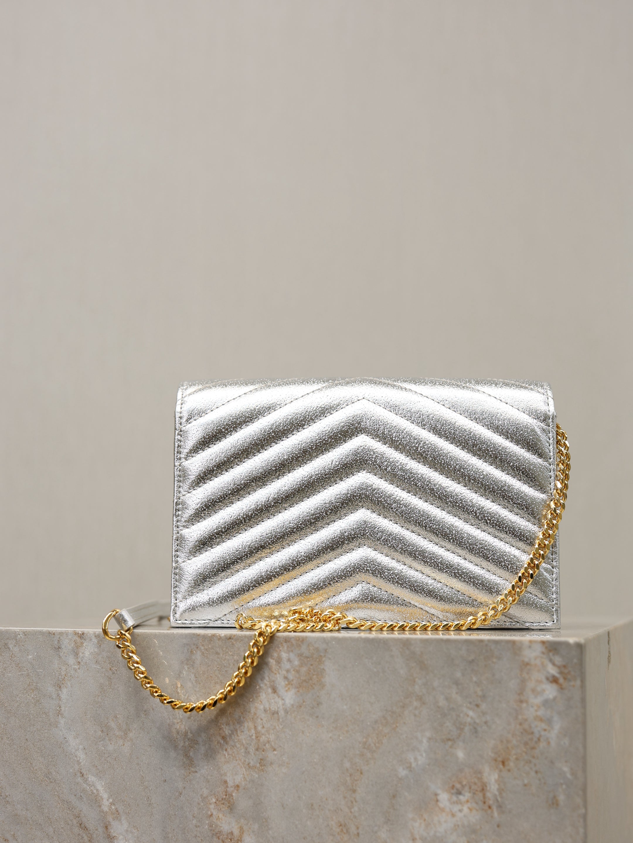 YSL Cassandre Matelassé Envelope Bag Sliver Metalic Leather